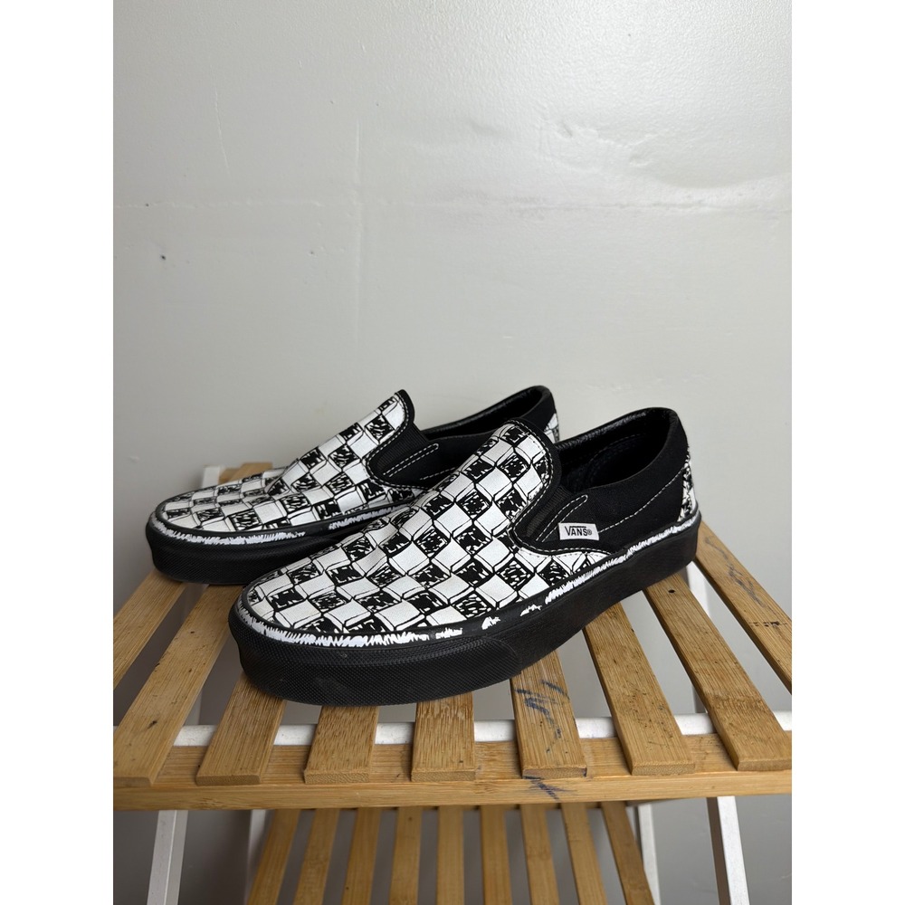 Vans Classic Slip-On Sketch Doodle Checkerboard Black White Shoes Women 7